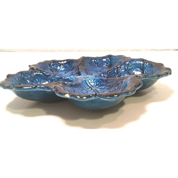 Serving DIsh Vintage Inarco Japan Mood Indigo FIve Section Cabbage Leaf - Picture 7 of 10